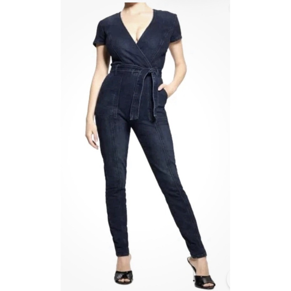 GUESS Leslie Jeans Denim Jumpsuit Short Sleeve Tie Waisted Skinny Stretch sz.S